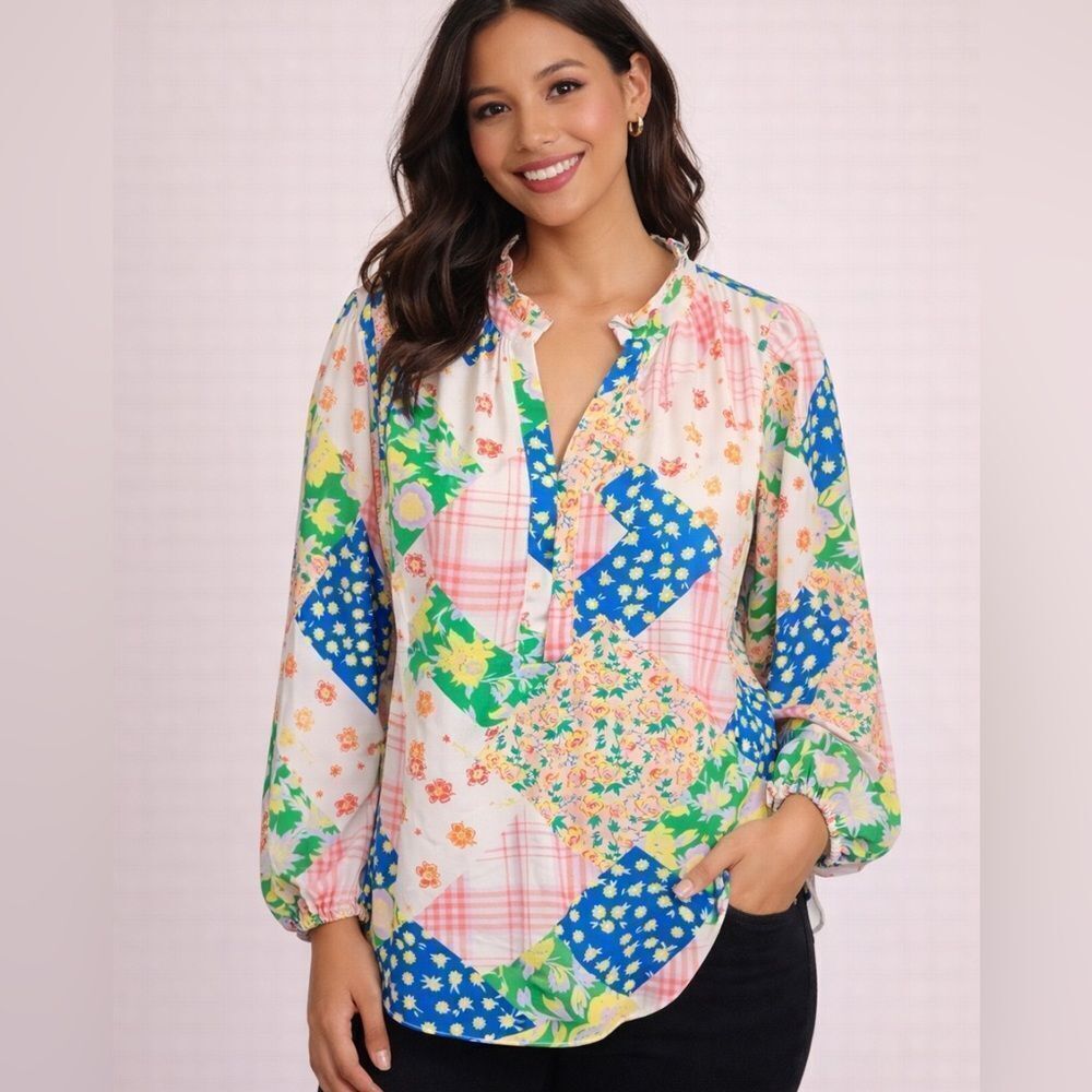 Fate Floral Patchwork Long Sleeve V-Neck Peasant Bohemian Festival Blouse Sz L